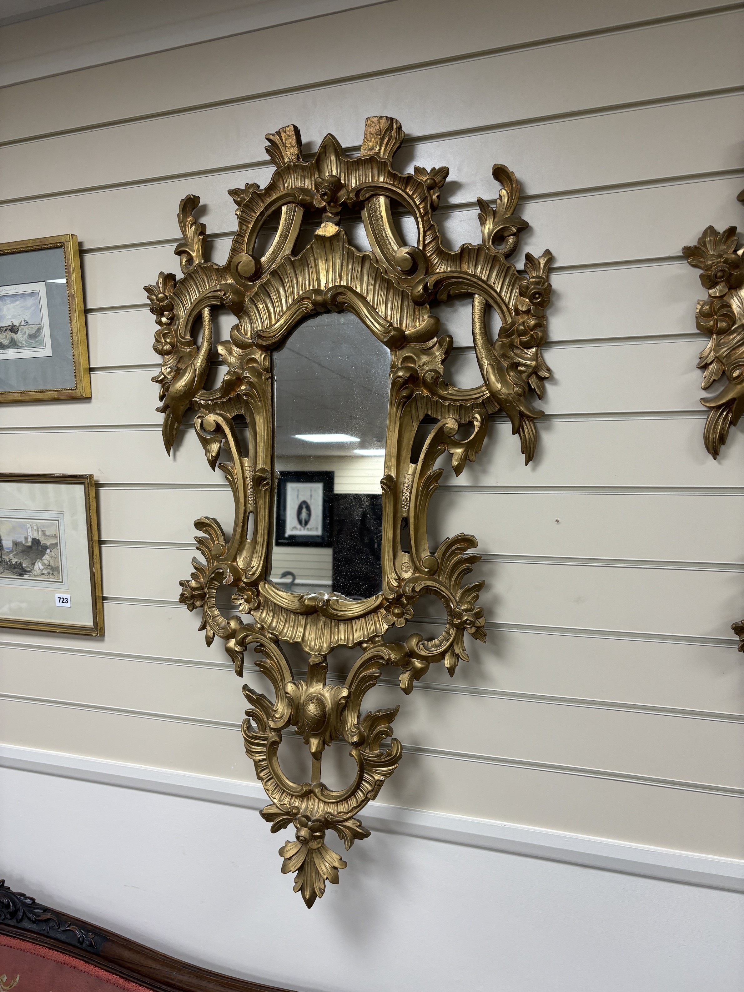 A pair of 18th century style carved giltwood wall mirrors, width 64cm, height 114cm